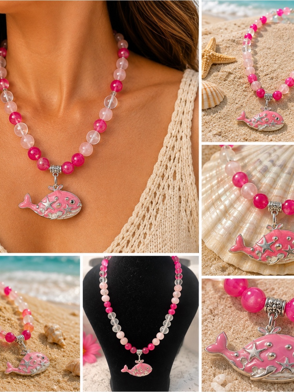Pink Beaded Whale Pendant Necklace - Women Jewelry